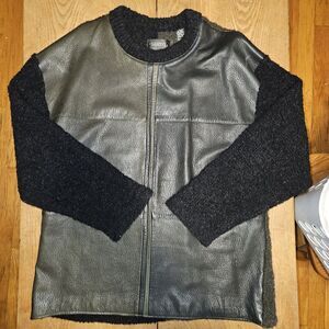 Saxony Clctn XL Vintage 80's Full Leather Panel Front Wool Sweater Black Green